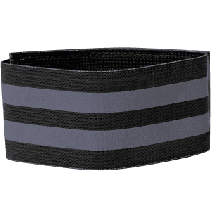 A black reflective armband featuring grey stripes, designed for visibility and safety. It includes a logo.