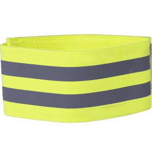 A reflective armband in bright yellow with two grey stripes, featuring a branding logo.