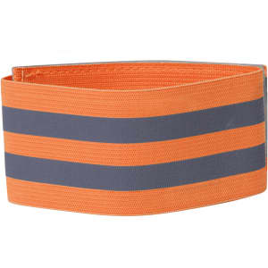 An orange reflective armband featuring dark grey stripes and a logo. Perfect for visibility and safety.