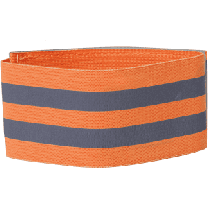 An orange reflective armband with grey stripes, designed as a clothing accessory. It has a logo.