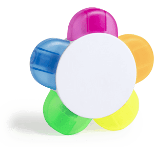 A highlighter set featuring five vibrant colours: pink, blue, yellow, green, and orange, with a central white compartment.
