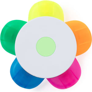 A highlighter set featuring five vibrant colours: yellow, orange, green, blue, and pink, arranged in a flower shape.