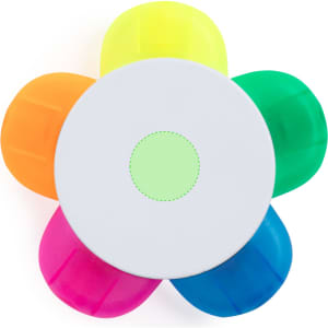 A set of highlighters in a flower shape, featuring yellow, orange, green, blue, and pink colours. The centre is white.