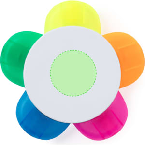 A highlighter set featuring five vibrant colours: yellow, orange, pink, green, and blue, arranged in a floral design.