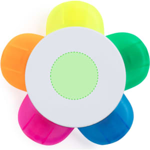 A highlighter set featuring five highlight colours: yellow, orange, green, blue, and pink, arranged in a flower shape around a white centre.