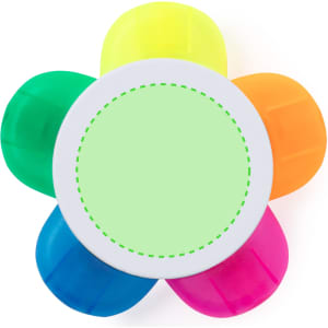 A highlighter set arranged in a flower shape with yellow, green, orange, pink, and blue colours. It includes a central white area.