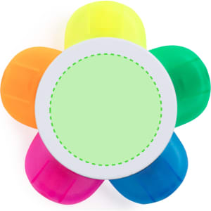 A highlighter set featuring five vibrant colours: yellow, orange, green, blue, and pink, arranged in a flower shape around a white centre.