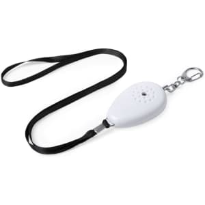 A white personal alarm with a black lanyard for easy carrying. Features a clip for attachment.