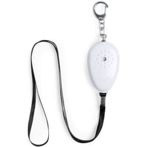 A white personal alarm device with a keychain clip and a black lanyard.