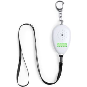 A white personal alarm with a clip and wrist strap, featuring a button and small holes for sound.