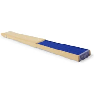 A Kronix hand fan with a wooden handle and blue fabric, featuring a logo on the handle.
