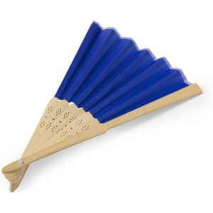 A blue hand fan with a wooden handle, featuring a scalloped design and small decorative holes.