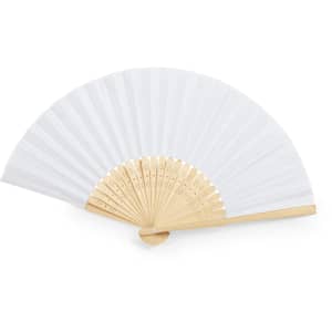 A hand fan with white pleated fabric and a bamboo handle, featuring a decorative design on the ribs.