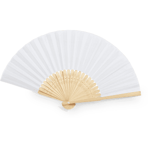 A hand fan with white fabric and a wooden handle featuring a decorative design. It has an elegant, classic appearance.