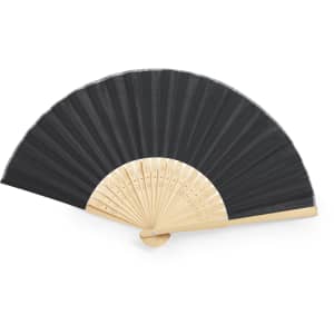 A black hand fan with a wooden frame. The fan features pleated fabric and is open in a semicircle shape.