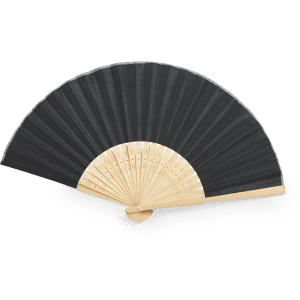 A folding hand fan in black fabric with a wooden handle, featuring delicate perforations near the base.