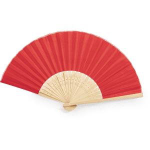 A red hand fan with a wooden frame, featuring intricate designs on the ribs.