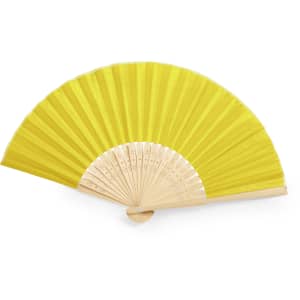 A yellow hand fan with a wooden handle and a pleated design, featuring decorative cutouts along the edges.