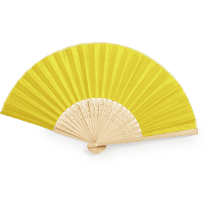 A yellow hand fan with a wooden handle and intricate design on the ribs, featuring a logo.