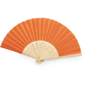 An orange hand fan with a wooden handle, featuring a decorative design and a curved shape.