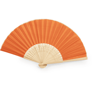 An orange hand fan with a wooden base displayed open, featuring a fan-like design with pleats.