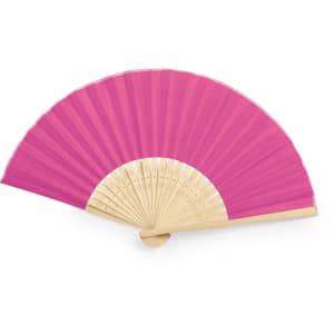A hand fan with a vibrant pink fabric and a wooden handle, featuring a decorative design on the pleats.