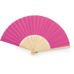 A pink hand fan with a wooden frame, featuring a delicate design on the sticks.
