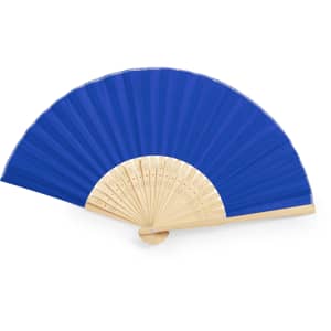 A blue hand fan with a wooden handle, featuring a decorative design along the edges. It has a logo.