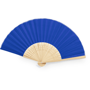 A blue hand fan with a wooden handle, featuring a pleated design and decorative cutouts.