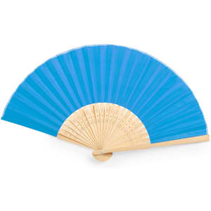 A hand fan featuring a blue fabric surface and a bamboo frame, elegantly fanned out for display.