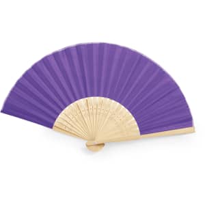 A purple hand fan with a wooden handle and intricate detailing on the fan ribs. It features a branding logo.