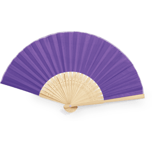 A purple hand fan with a wooden handle and intricate cut-out designs in the fan's ribs.