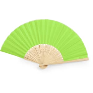 A green hand fan with a wooden handle, featuring pleated fabric and a decorative design on the handle.
