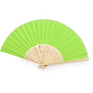 A green hand fan with a wooden handle, featuring a pleated fabric design and decorative detailing.
