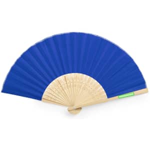 A blue hand fan with a wooden frame and intricate detailing on the handle. It features a logo.