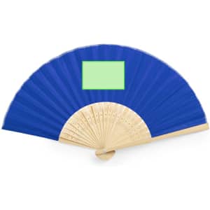 A hand fan with a vibrant blue fabric and a wooden handle, featuring a blank area for personalization.