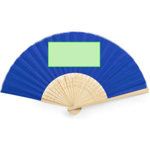 A blue hand fan made of fabric and wood, featuring a simple design and a blank rectangular area.