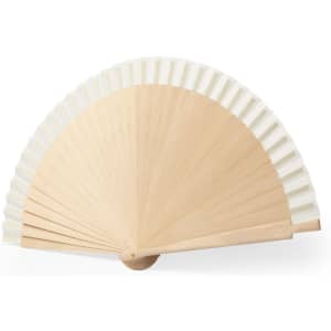A wooden hand fan featuring white pleated fabric, showcasing a natural finish with a curved design.