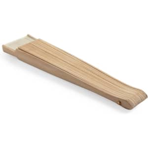 A wooden hand fan with a light natural finish, featuring a simple design and a slightly curved shape.