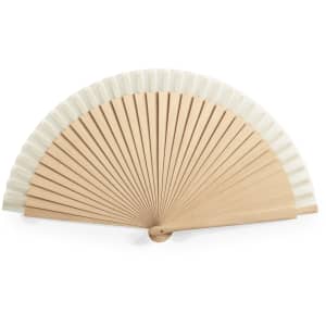 A wooden hand fan with a natural finish and white fabric, featuring a simple design and a central pivot.