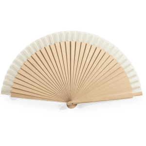 A wooden hand fan in beige, featuring a pleated design and a simple handle, with a branding logo.