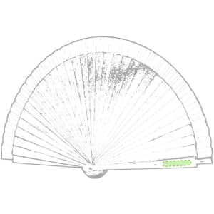 A decorative hand fan in white with a green accent, featuring a circular handle and a pleated design.