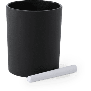 A black aromatic candle with a white stick beside it, featuring a sleek, minimalist design and a logo.