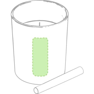 A white aromatic candle in a clear glass container, accompanied by a green wax crayon.