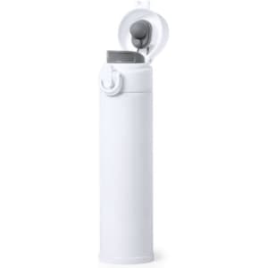 A drink bottle in white with a grey lid, featuring a logo, designed for vacuum insulation.