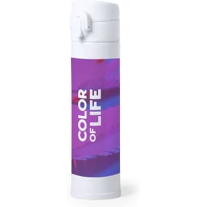 A drink bottle featuring a sleek white design with vibrant purple and pink graphics, including a logo.