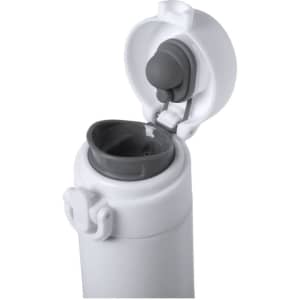 A drink bottle in white with a grey lid, featuring a flip-top opening and a built-in straw.