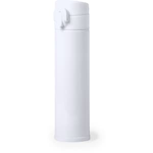 A drink bottle in white with a flip-top lid and a sleek design, suitable for beverages.
