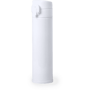 A drink bottle featuring a sleek white design with a secure flip-top lid. It includes a logo on the surface.