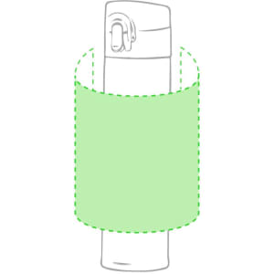 A drink bottle in a light green sleeve, featuring a lid and a branding logo.